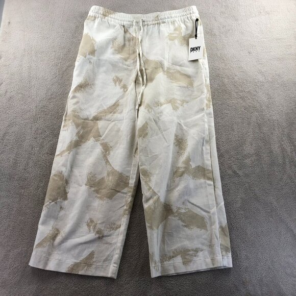 NWT DKNY Pure Womens Pants Small Linen Blend Wide Leg Beige Abstract Pull On - Picture 14 of 15